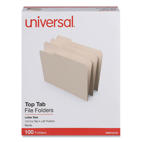 Image of Universal® UNV12121 Top Tab File Folders, 1/3-Cut Tabs: Left Position, Letter Size, 0.75" Expansion, Manila, 100/Box