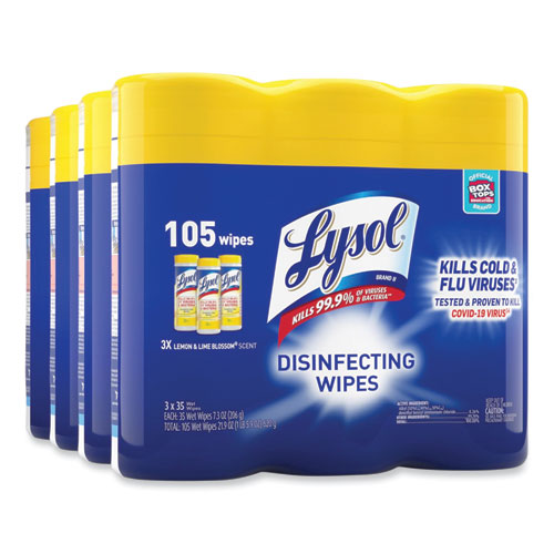 Image of LYSOL® Brand 19200-82159 Disinfecting Wipes, 1-Ply, 7 x 7.25, Lemon and Lime Blossom, White, 35 Wipes/Canister, 3 Canisters/Pack