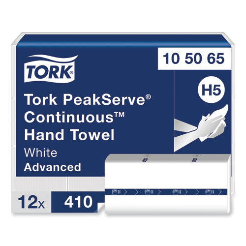 Image of Tork® 105065 PeakServe Continuous Hand Towel, 1-Ply, 7.91 x 8.85, White, 410 Wipes/Pack, 12 Packs/Carton