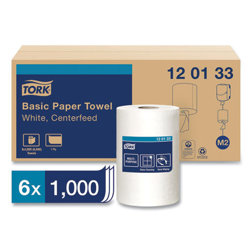 Image of Tork® 120133 Advanced Centerfeed Hand Towel, 1-Ply, 8.25 x 11.8, White, 1,000/Roll, 6/Carton