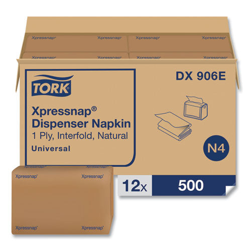 Image of Tork® DX906E Xpressnap Interfold Dispenser Napkins, 1-Ply, Bag-Pack, 13 x 8.5, Natural, 500/Pack, 12 Packs/Carton