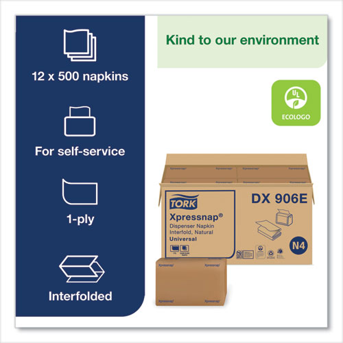 Image of Tork® DX906E Xpressnap Interfold Dispenser Napkins, 1-Ply, Bag-Pack, 13 x 8.5, Natural, 500/Pack, 12 Packs/Carton