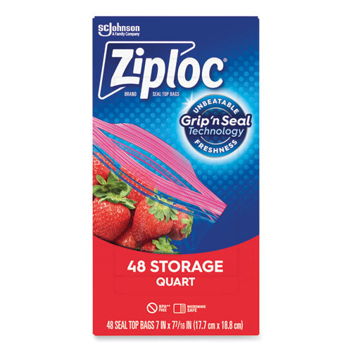 Image of Ziploc® 351317 Double Zipper Storage Bags, Triple System Seal, Quart, 9.63" x 8.5", Clear, 9/Carton