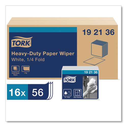 Image of Tork® 192136 Heavy-Duty Paper Wiper 1/4 Fold, 1-Ply, 12.5 x 13, White, 56/Pack, 16 Packs/Carton
