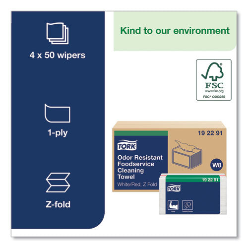 Image of Tork® 192291 Small Pack Foodservice Cloth, 1-Ply, 11.75 x 14.75, Unscented, White/Red Stripe, 50/Poly Pack, 4 Packs/Carton