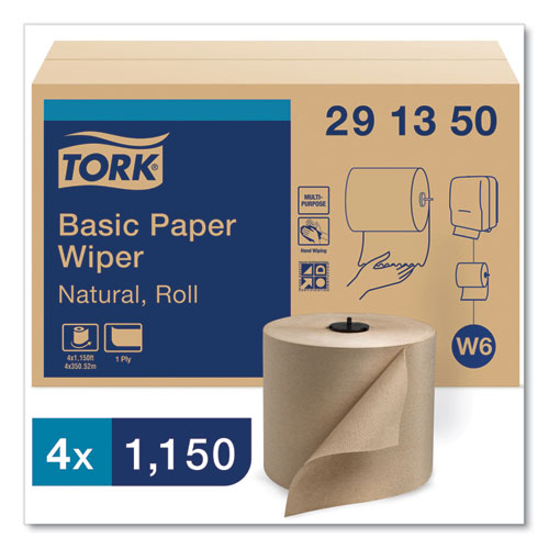 Image of Tork® 291350 Basic Paper Wiper Roll Towel, 1-Ply, 7.68" x 1,150 ft, Natural, 4 Rolls/Carton