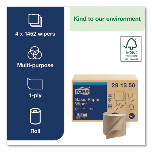 Image of Tork® 291350 Basic Paper Wiper Roll Towel, 1-Ply, 7.68" x 1,150 ft, Natural, 4 Rolls/Carton