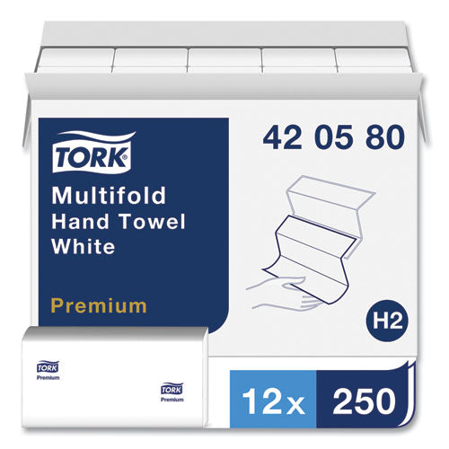 Image of Tork® 420580 Premium Multifold Towel, 1-Ply, 9 x 9.5, White, 250/Pack, 12 Packs/Carton
