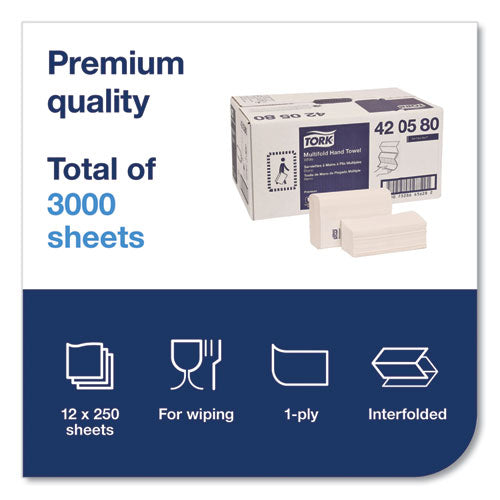 Image of Tork® 420580 Premium Multifold Towel, 1-Ply, 9 x 9.5, White, 250/Pack, 12 Packs/Carton