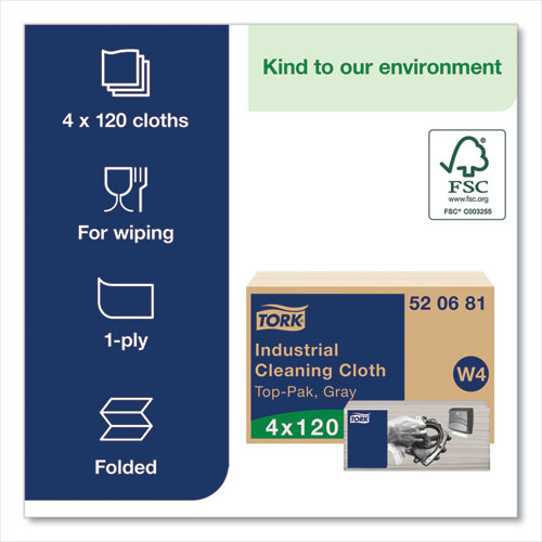 Image of Tork® 520681 Industrial Cleaning Cloths, 1-Ply, 16.34 x 14, Gray, 120 Wipes/Pack, 4 Packs/Carton