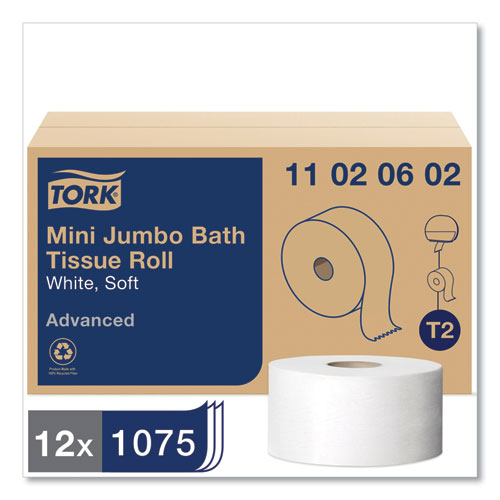 Image of Tork® 11020602 Advanced Jumbo Bath Tissue, Septic Safe, 2-Ply, 3.48" x 751 ft, White, 12 Rolls/Carton
