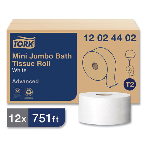 Image of Tork® 12024402 Advanced Mini-Jumbo Roll Bath Tissue, Septic Safe, 2-Ply, 3.48" x 751 ft, White, 12 Rolls/Carton