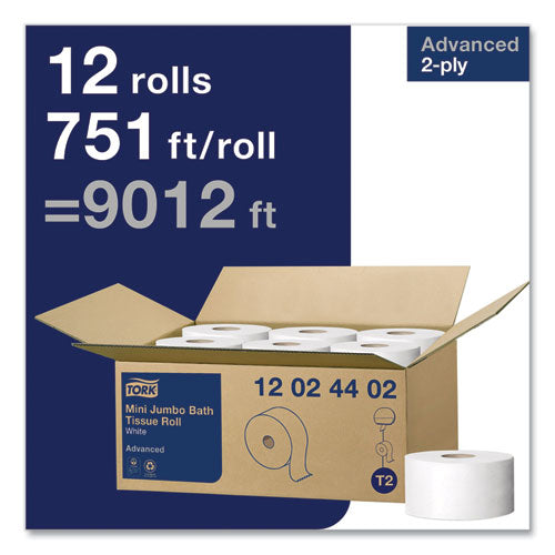 Image of Tork® 12024402 Advanced Mini-Jumbo Roll Bath Tissue, Septic Safe, 2-Ply, 3.48" x 751 ft, White, 12 Rolls/Carton
