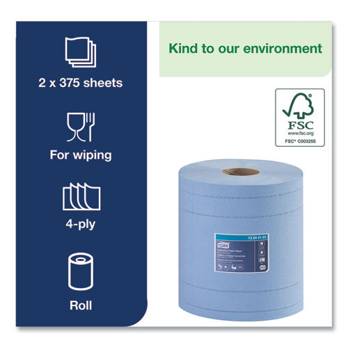 Image of Tork® 13244101 Industrial Paper Wiper, 4-Ply, 11 x 15.75, Unscented, Blue, 375 Wipes/Roll, 2 Rolls/Carton