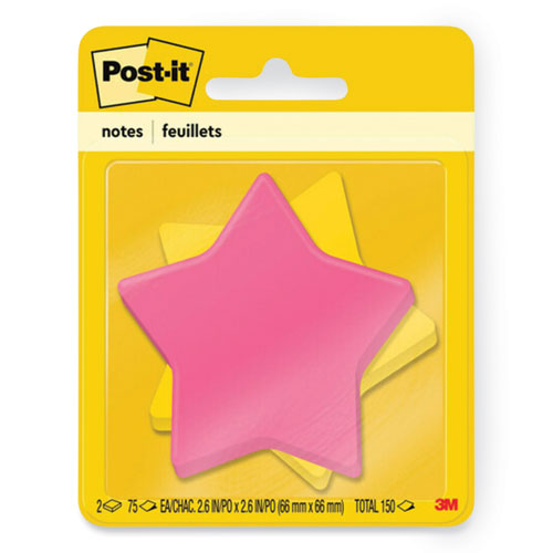 Image of Post-it® Notes 7350-STR Die-Cut Star Shaped Notepads, 2.6" x 2.6", Assorted Colors, 75 Sheets/Pad, 2 Pads/Pack