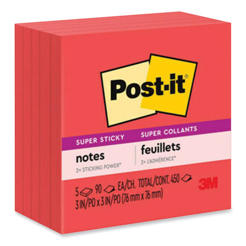 Image of Post-itÂ® Notes Super Sticky Self-Stick Notes, 3" x 3", Saffron Red, 90 Sheets/Pad, 5 Pads/Pack