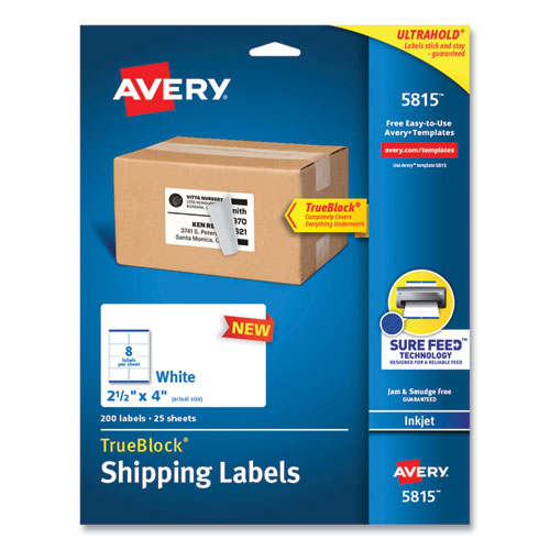 Image of Avery® 5815 Shipping Labels with TrueBlock Technology, Inkjet Printers, 2.5 x 4, White, 8 Labels/Sheet, 25 Sheets/Pack