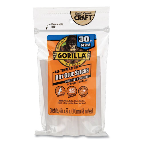 Image of Gorilla® 3023003 Mini Hot Glue Sticks, 0.27" dia x 4", Dries Clear, 30/Pack