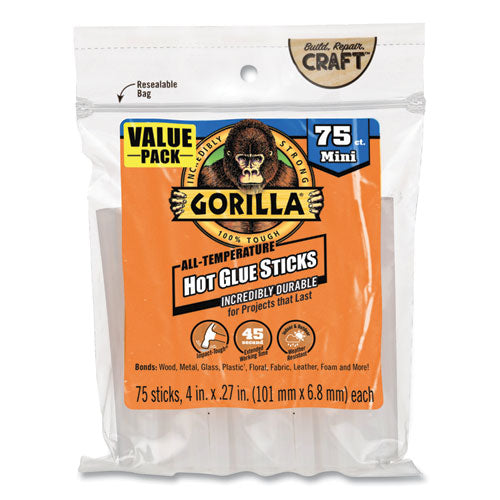 Image of Gorilla® 3027502 Mini Hot Glue Sticks, 0.27" dia x 4", Dries Clear, 75/Pack