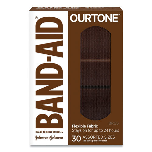 Image of BAND-AIDÂ® OurTone Adhesive Bandages, BR65, 2.25 x 0.63; 3 x 0.75; 3 x 1, Deep Brown, 30/Pack