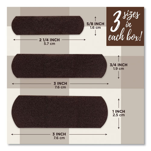 Image of BAND-AIDÂ® OurTone Adhesive Bandages, BR65, 2.25 x 0.63; 3 x 0.75; 3 x 1, Deep Brown, 30/Pack