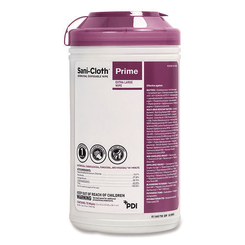 Image of Sani Professional® P24284 Sani-Cloth Prime Germicidal Disposable Wipes, Extra-Large, 1-Ply, 7.5 X 15, Unscented, White, 70/canister, 6 Canisters/carton