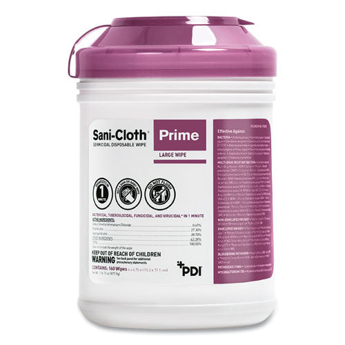 Image of Sani Professional® P25372 Sani-Cloth Prime Germicidal Disposable Wipes, Large, 1-Ply, 6 X 6.75, Unscented, White, 160/canister, 12 Canisters/carton
