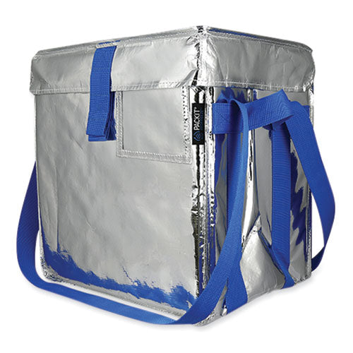 Image of PackIt® PKF-UD-MAG Fresh Eco Freeze Tote, (2) Blue Nylon Shoulder Straps, (2) Blue Nylon Strap Handles, 13.5" x 9" x 13", Silver/Blue, 4/Carton