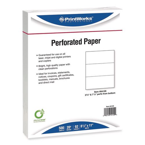Image of PrintWorks® Professional 04120 Perforated Paper, 3.66" and 7.33" from Bottom, 92 Bright, 20 lb Bond Weight, 8.5 x 11, White, 500/Ream, 5 Reams/Carton