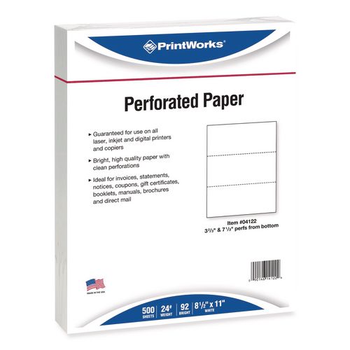Image of PrintWorksÂ® Professional Perforated and Punched Paper, 92 Bright, 24 lb Bond Weight, 8.5 x 11, White, 500/Ream, 5 Reams/Carton