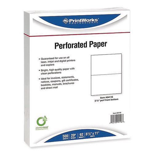 Image of PrintWorks® Professional 04116 Perforated Paper, 92 Bright, Perforated 5.5" from Bottom, 20 lb Bond Weight, 8.5 x 11, White, 500/Ream, 5 Reams/Carton