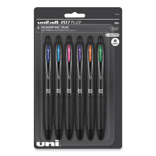 Image of uniball® 70491 207 Plus+ Gel Pen, Retractable, Medium 0.7 mm, Assorted Inspirational Ink Colors, Black Barrel, 6/Pack
