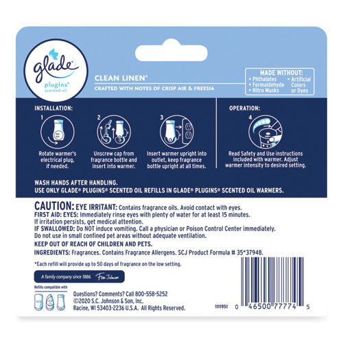 Image of Glade® 375682 Plugins Scented Oil Refill, Clean Linen, 0.67 oz, 5/Pack