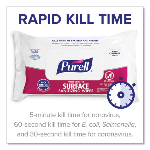 Image of PURELL® 9371-12 Foodservice Surface Sanitizing Wipes, 1-Ply, 7.4 X 9, Fragrance-Free, White, 72/pouch, 12 Pouches/carton