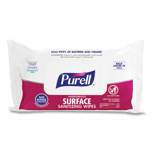 Image of PURELL® 9371-12 Foodservice Surface Sanitizing Wipes, 1-Ply, 7.4 X 9, Fragrance-Free, White, 72/pouch, 12 Pouches/carton