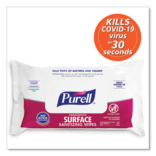 Image of PURELL® 9371-12 Foodservice Surface Sanitizing Wipes, 1-Ply, 7.4 X 9, Fragrance-Free, White, 72/pouch, 12 Pouches/carton