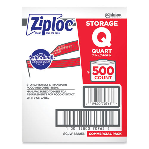 Image of Ziploc® 364899 Double Zipper Storage Bags, Quart, 7" x 7.75", Clear, 500/Box