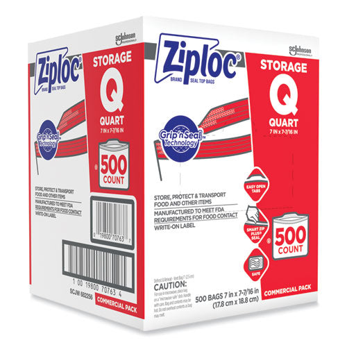 Image of Ziploc® 364899 Double Zipper Storage Bags, Quart, 7" x 7.75", Clear, 500/Box