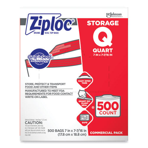 Image of Ziploc® 364899 Double Zipper Storage Bags, Quart, 7" x 7.75", Clear, 500/Box