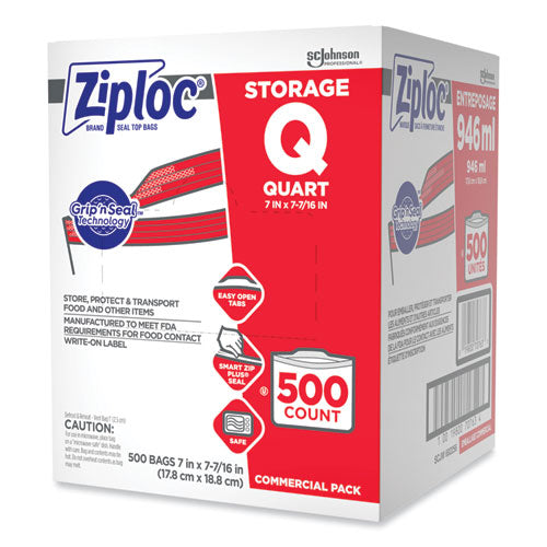 Image of Ziploc® 364899 Double Zipper Storage Bags, Quart, 7" x 7.75", Clear, 500/Box