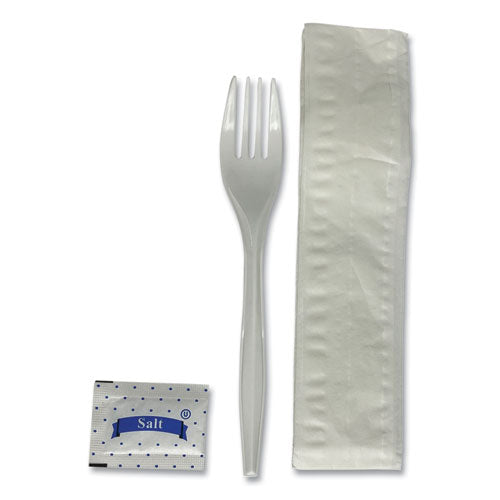 Image of Boardwalk® BWK3KITMW Three-Piece Utensil Set, Fork/Napkin/Salt, Plastic, White, 500/Carton