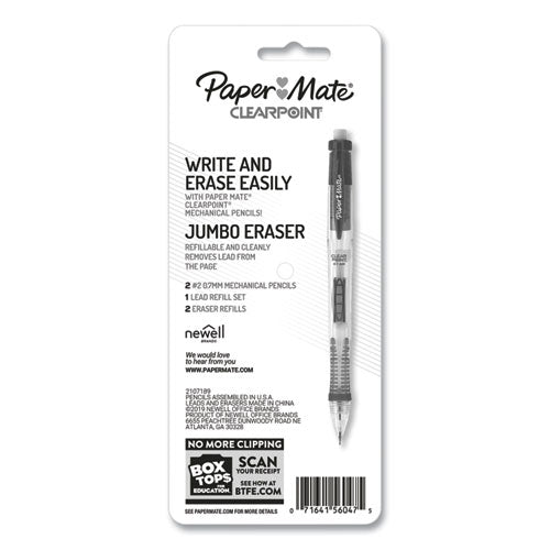 Image of Paper Mate® 56047PP Clear Point Mechanical Pencils with Tube of Lead/Erasers, 0.7 mm, HB (#2), Black Lead, Randomly Assorted Barrel Colors, 2/PK