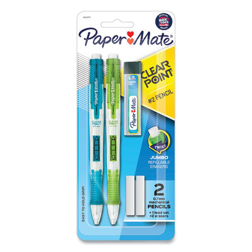 Image of Paper Mate® 56047PP Clear Point Mechanical Pencils with Tube of Lead/Erasers, 0.7 mm, HB (#2), Black Lead, Randomly Assorted Barrel Colors, 2/PK