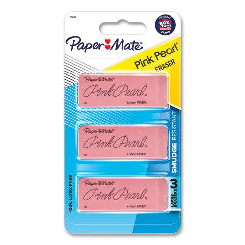 Image of Paper Mate® 70501 Pink Pearl Eraser, For Pencil Marks, Rectangular Block, Large, Pink, 3/pack