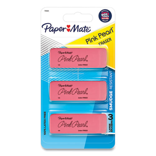 Image of Paper Mate® 70502 Pink Pearl Eraser, For Pencil Marks, Rectangular Block, Medium, Pink, 3/pack