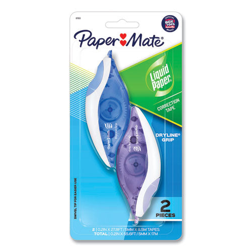 Image of Paper Mate® Liquid Paper® 87813 DryLine Grip Correction Tape, Non-Refillable, 0.2" x 27.92 ft, White Tape, Assorted Dispenser Colors, 2/Pack