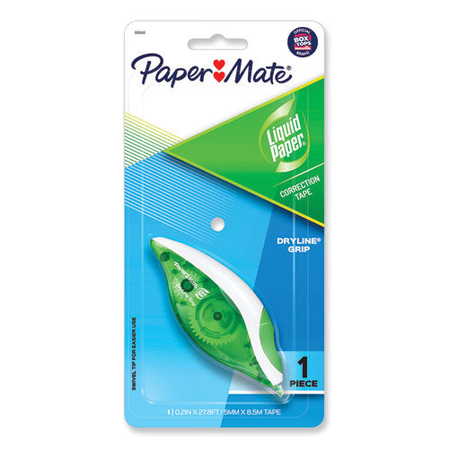 Image of Paper Mate® Liquid Paper® 660415K DryLine Grip Correction Tape, Non-Refillable, 0.2" x 27.92 ft, White Tape, Translucent Green/White Dispenser
