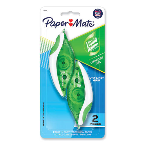 Image of Paper Mate® Liquid Paper® 662415K DryLine Grip Correction Tape, Non-Refillable, 0.2" x 27.92 ft, White Tape, Translucent Green/White Dispenser, 2/Pack