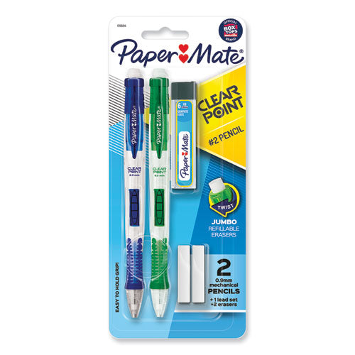 Image of Paper Mate® 1759214 Clear Point Mechanical Pencils with Tube of Lead/Erasers, 0.9 mm, HB (#2), Black Lead, Assorted Barrel Colors, 2/Pack