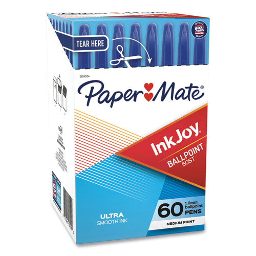 Image of Paper Mate® 2014534 InkJoy 50ST Ballpoint Pen, Stick, Medium 1 mm, Blue Ink, Clear Barrel, 60/Pack